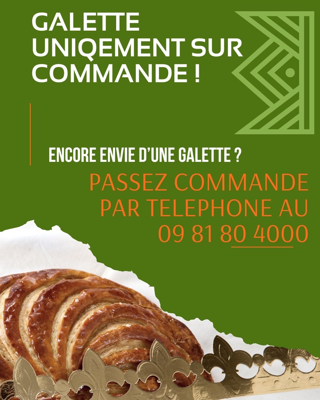 Les envies de Galettes de Rois de Bread and bio seront contentées uniquement par commande. Commandez votre galette par téléphone au 0981 80 4000 ! A bientôt