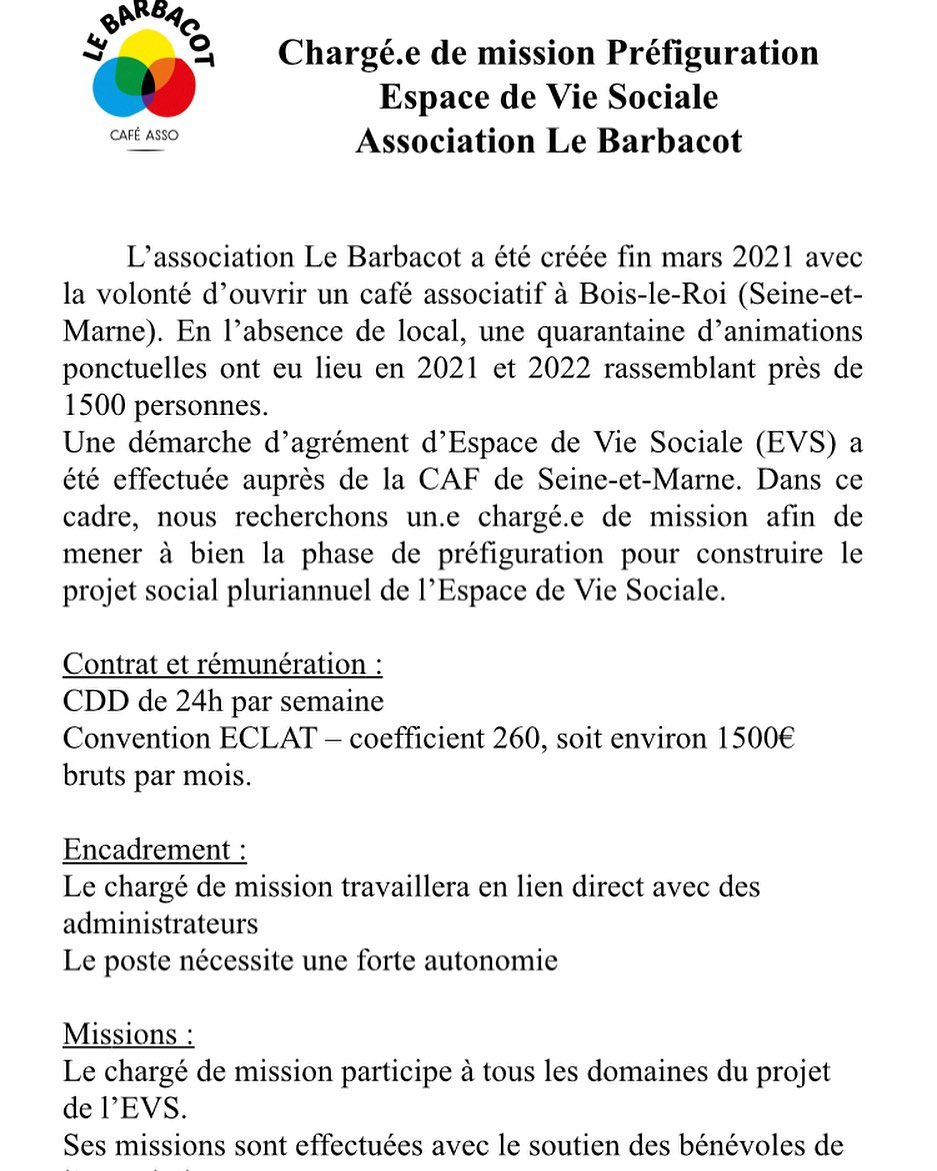 Le barbacot le café asso de Bois le Roi recrute ! Pour postuler : Mail : contact@lebarbacot.fr Tel : 06-33-05-72-52 https://www.lebarbacot.fr/ https://www.facebook.com/lebarbacot/ https://www.instagram.com/lebarbacot/ #recrutement #cafeassociatif #association #boisleroi #job #barbacot